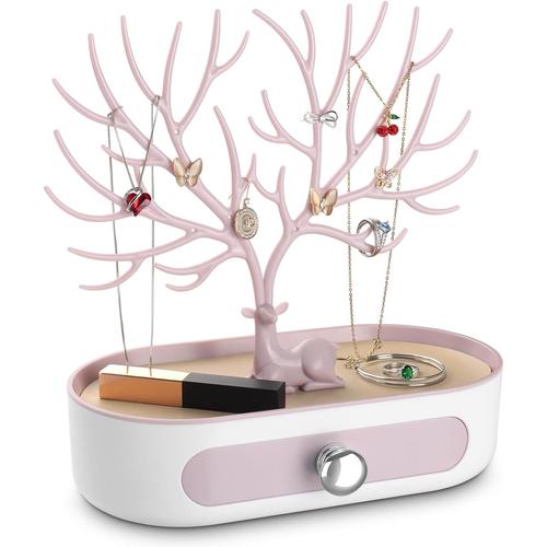 Rose - Blanc Arbre Porte Bijoux Avec Tiroirs, Support Présentoir À Bijoux Pour Boucles D'oreilles, Colliers, Bracelets Et Bagues, Plastiques, Poignée Plaquée Argent