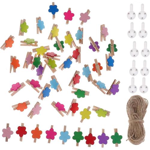 50pcs 3.0cm Multicolore Fleur 50pcs 3.0cm Multicolore Fleur Mini Clips En Bois Pinces À Linge Pour Photo Vêtement Papier Diy Craft Avec 10m Cordon 10pcs Ongles Sans Trace