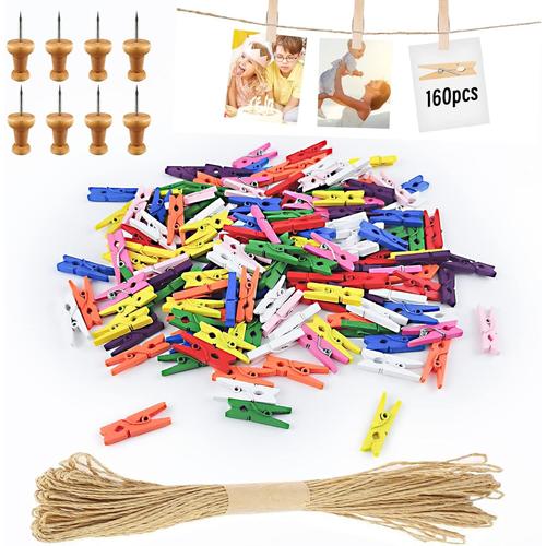 Couleur Lot De 168 Mini Pince À Linge 25mm Mini Pince À Linge Mariage Petite Epingle En Bois Pour Photo Pour Polaroid Photo Avec 10m Corde De Jute Diy Mini Epingle En Bois Photo (Couleur)