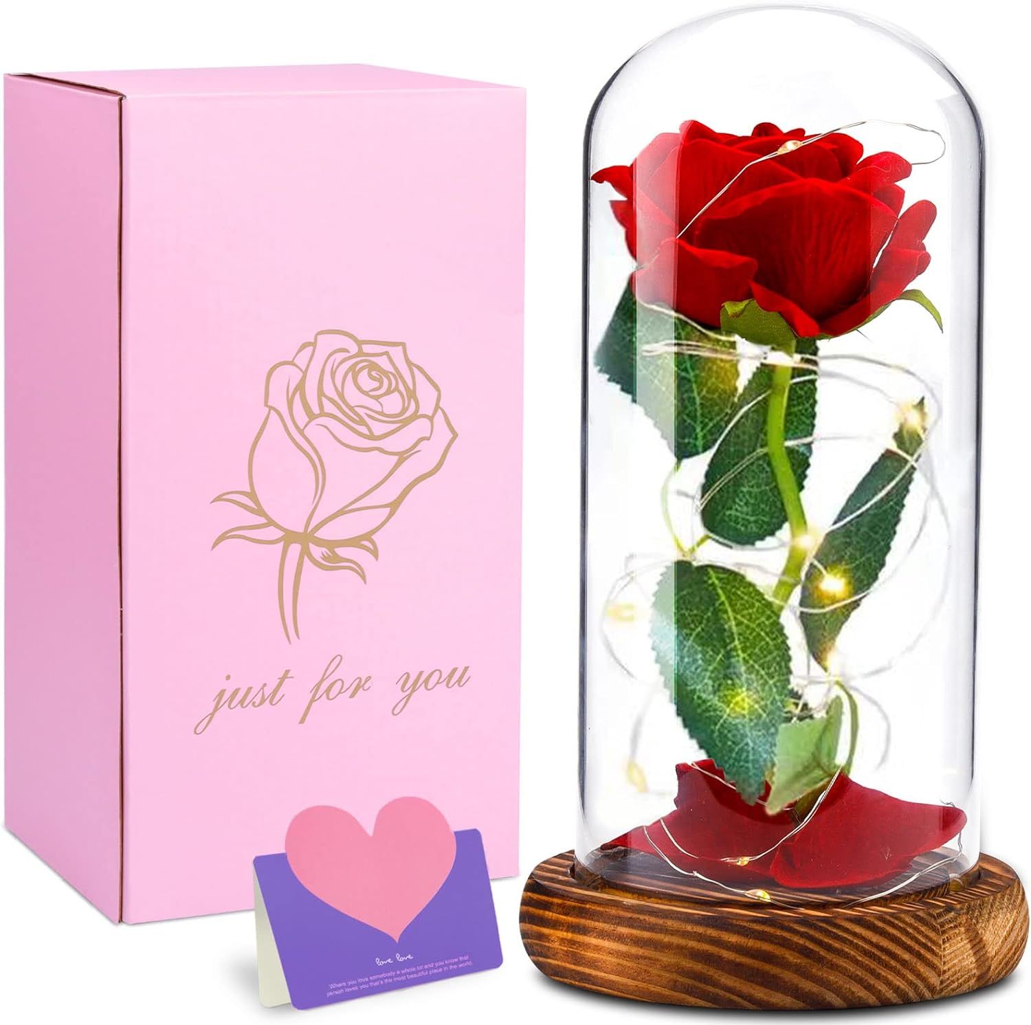 Rouge Rose Eternelle Sous Cloche,La Belle Et La Bête Rose,Avec Lumineuse Led, Dôme En Verre Et Base En Bois, Fête Des Mères Saint-Valentin Cadeaux Anniversaire