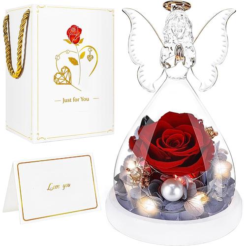 Rouge Cadeau Maman - Ange Rose Eternelle - Rouge Fleur Eternelle Avec Lumiere Led Et Perles,Vraie Rose Éternel Sous Cloche En Verre, Romantiques Roses Préservées,Idee Cadeaux Pour Maman,Copine, Femme