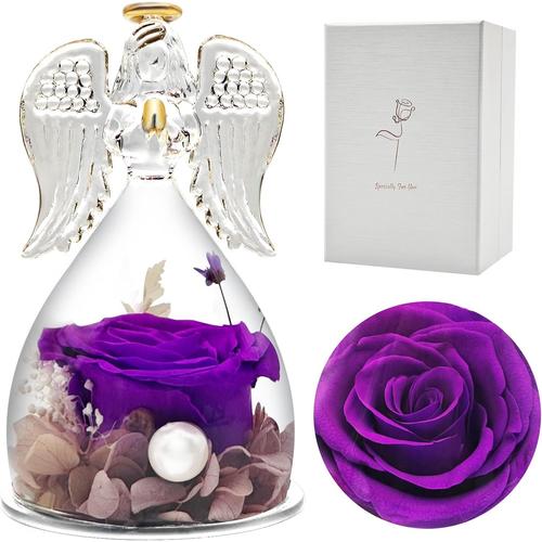 Violet Rose Eternelle, Rose Sous Ange Gardien, Cadeau Anniversaire Femme, Cadeau Belle Mere/Grand Mere, Cadeau Maman Noël, Fleurs Eternelles Avec Ange Figurine, Cadeau Femme (Violet)