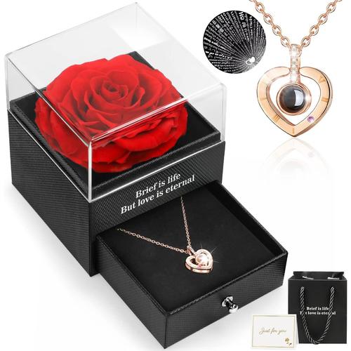 1-Rouge Rose Eternelle, Rose Eternelle Avec I Love You Collier, Rose Préservées, Cadeau Saint Valentin Femme, Idee Cadeau Anniversaire Femme, Cadeau Fete Des Meres Pour Maman, Cadeau Pour Noël