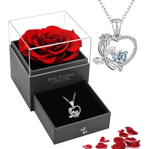 Collier Fleurs Et Feuilles Vertes-Rose Rose Eternelle,Coffret Cadeau Rose Eternelle,Boîte À Bijoux Rose Éternelle Avec Collier Idée Cadeau Femme,Maman,Saint Valentin,Anniversaire,Fête Des Mères