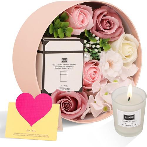 Rose Femmes Savon Fleur Boîte Ronde avec Bougies Parfumées Rose Fleur Artificielle Coffret Cadeau Maman Personnalisé Anniversaire Fête des Mères Saint Valentin Noël