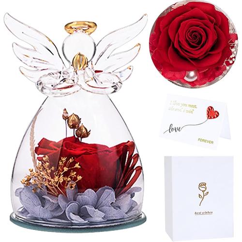 Rose éternelle Angel Rose Eternelle,Rose Eternelle sous Cloche,Fleur Artificielle Fleurs éternelles, Cadeau pour Maman,Idee Cadeau pour Grand Mere, Petite Amie,Femme,Cadeau Fête des Mères