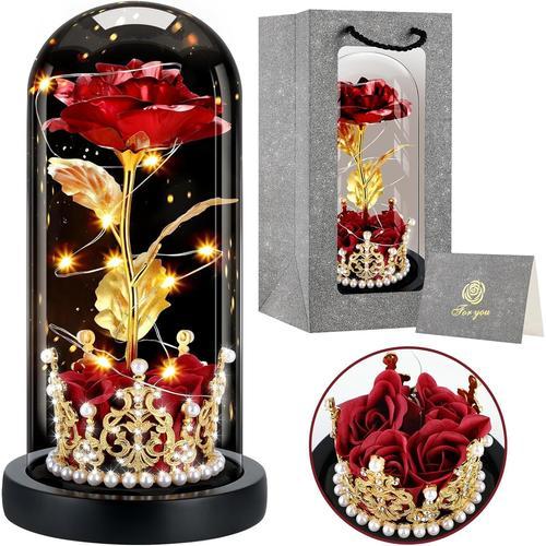 Rouge Cadeau Fete Des Meres, Rose Eternelle Avec Couronne, Fleur Eternelle Sous Cloche Led, Rose Eternel En Verre Avec Carte De Voeux, Roses Eternels Cadeau Belle Mere, Cadeau Saint Valentin Femme