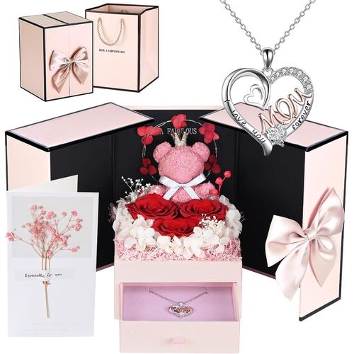 Rouge Cadeau Femme Anniversaire Rose Éternelle De Fête Idée Maman Mères Ours Boîte Rose Collier Fleur Coffret Carte Respiration De Bébé Grand-Mère Fille Couple Noël (Rouge)