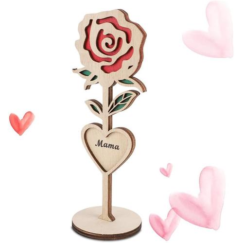 Rouge Cadeaux Pour Maman - Rose Éternelle - Décoration De Table En Bois Avec Base Ronde Stable - Cadeau Pour La Fête Des Mères - Cadeau Pour La Fête Des Mères - Fleur Sculptée 3d - Décoration De