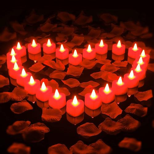 Rose 1000 Faux Pétales de Roses Artificielles et 24 Bougies Chauffe-Plat LED sans Flamme en Forme de Coeur Bougies LED Amour Romantique Pétales de Fleurs Artificielles pour Saint-valentin (Rose)