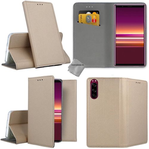Housse Etui Coque Pochette Portefeuille Pour Sony Xperia 5 + Verre Trempe - Or Magnet