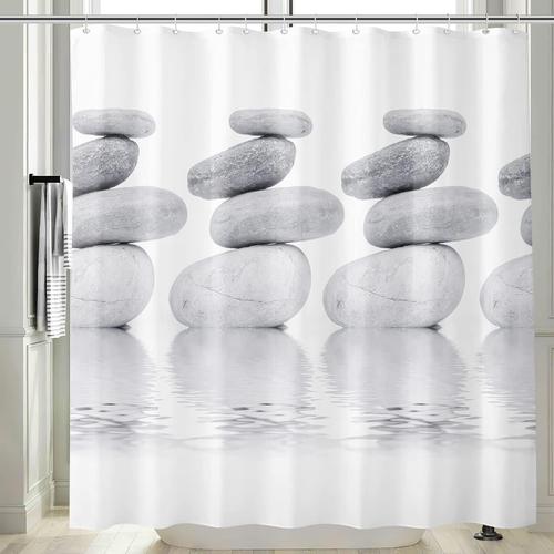 Blanc Gris 3d Zen Rideau Douche Anti Moisissure Etanche Galet Blanc Gris Rideau De Douche Salle Bain 120 X 200 Tissu Imperméable Motif Eau Rideaux Baignoire Long Lavable Machine Avec Anneaux