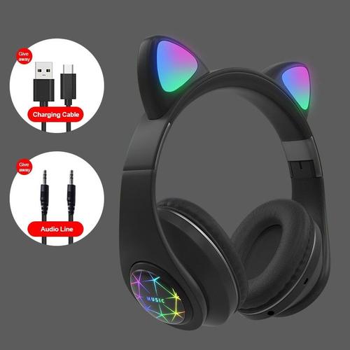 Casque D'Écoute Chat Mignon Sans Fil, Avec Commande Micro, Lumière Rgb, Casque De Jeu Pour Téléphone, Musique, Pour Enfant, Cadeau Pour Fille