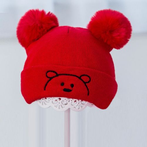 Bonnet D'Hiver À Double Pompon Pour Bébé, Mignon Ours Imprimé, Bonnets Tricotés Pour Nouveau-Né, Enfant, Couleur Unie, Chaud Et Doux, Garçon Et Fille