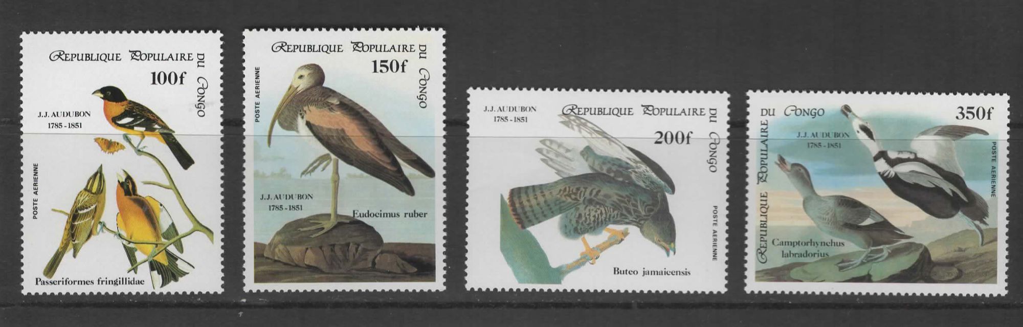 République Populaire Du Congo, Timbres-Poste Aérienne Y & T N° 332 À 335, 1985 - Bicentenaire De La Naissance De Jean-Jacques Audubon, Oiseaux