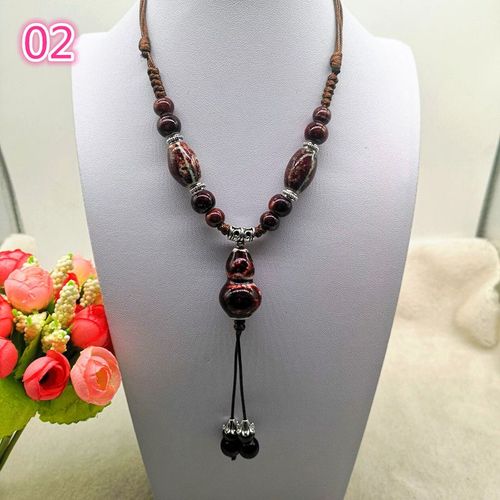 Bijoux Ethniques À La Mode, Ornements Traditionnels Faits À La Main, Tissage De Corde De Cire, Collier En Céramique, Pendentif De Perles En Céramique, Long Collier