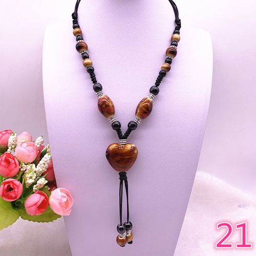 Bijoux Ethniques À La Mode, Ornements Traditionnels Faits À La Main, Tissage De Corde De Cire, Collier En Céramique, Pendentif De Perles En Céramique, Long Collier #21