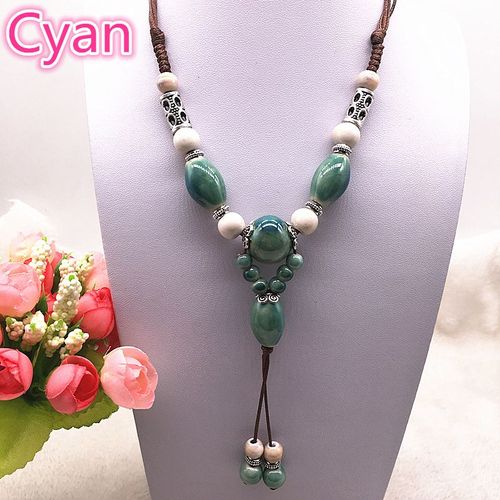 Bijoux Ethniques À La Mode, Ornements Traditionnels Faits À La Main, Tissage De Corde De Cire, Collier En Céramique, Pendentif De Perles En Céramique, Collier Long #07