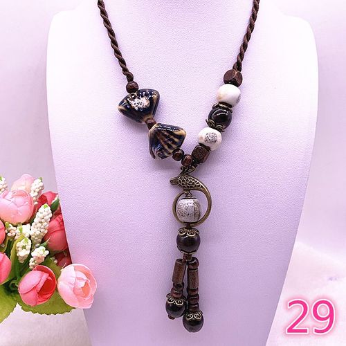 Bijoux Ethniques À La Mode, Ornements Traditionnels Faits À La Main, Tissage De Corde De Cire, Collier En Céramique, Pendentif De Perles En Céramique, Long Collier #29