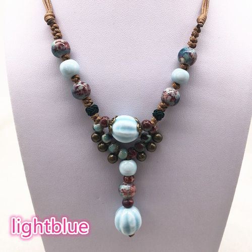 Bijoux Ethniques À La Mode, Ornements Traditionnels Faits À La Main, Tissage De Corde De Cire, Collier En Céramique, Pendentif De Perles En Céramique, Long Collier #12