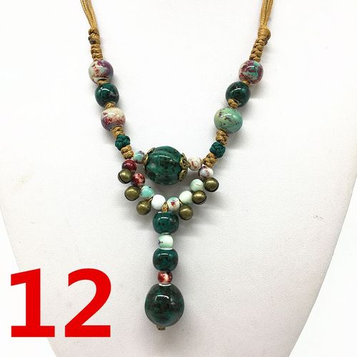 Collier Long De Perles En Céramique, Pendentif Ethnique, Chaîne, Bijoux Vert Foncé, Bricolage, #04
