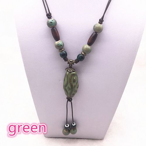 Bijoux Ethniques À La Mode, Ornements Traditionnels Faits À La Main, Tissage De Corde De Cire, Collier En Céramique, Pendentif De Perles En Céramique, Collier Long #03