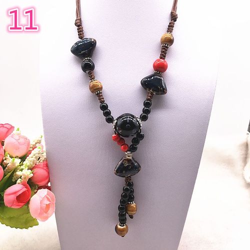 Bijoux Ethniques À La Mode, Ornements Traditionnels Faits À La Main, Tissage De Corde De Cire, Collier En Céramique, Pendentif De Perles En Céramique, Collier Long #11