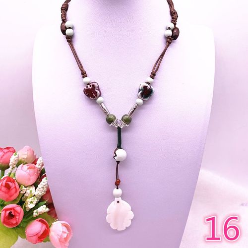 Bijou Ethnique À La Mode, Accessoire Traditionnel Fait À La Main, Corde De Cire, Tissage, Collier Long, Pendentif En Céramique Et Perles #16