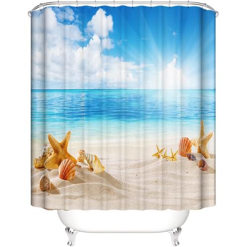 Bleu Beige 01 3d Ocean Bleu Rideau De Douche Anti Moisissure Motif Paysage Mer Sable Beige Tropical Rideau Douche Tissu Imperméable 240x200 Cm Coquillages Imprimé Rideaux Baignoire Lavable Machine