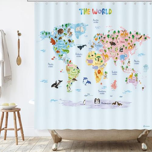 Carte Mondiale Des Animaux Bashom Bsc-615 Carte Mondiale Des Animaux Douche Curtain Pour Enfants Imperméable Salle De Bain Décoratrice 71''x71'' (180x180cm) Polyester Tissu Avec 12 Hooks Couleurs