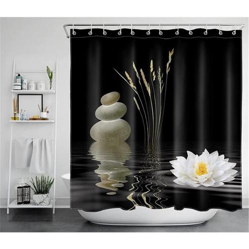 Noir Asiatique Zen Pierre Rideau De Douche Méditation Japonais Lotus Spa Rideau De Douche Pour Salle De Bain Tissu Noir Rideaux De Bain Avec Crochets 180x180cm