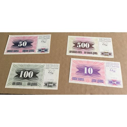 Bosnie Herzegovine : 4 Billets : 10,50,100 & 500 Dinars1992 (Neuf)