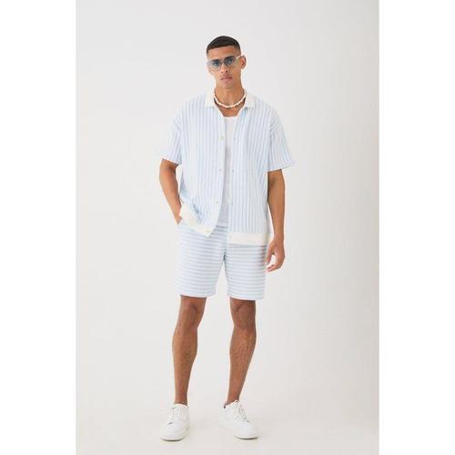 Oversized Striped Textured Button Thru Polo & Short Set Homme - Ecru - S, Ecru