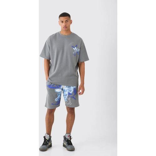 Oversized Gothic Waffle Large Printed T-Shirt & Shorts Set Homme - Gris - Xl, Gris