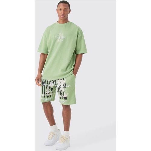 Oversized Gothic Waffle Large Printed T-Shirt & Shorts Set Homme - Vert - M, Vert