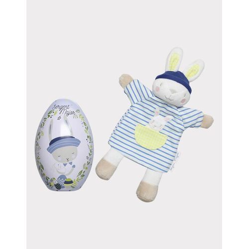 Doudou Lapin Paques Sergent Major Marionnette Rayures Bleues Theo Jouet Oeuf Metal Bebe Naissance