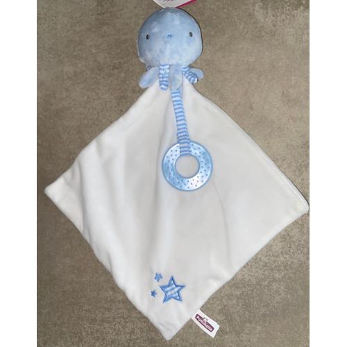 Doudou Pieuvre Blanc Bleu Mouchoir Pommette Jouet Mer Poulpe Eveil Bebe Naissance