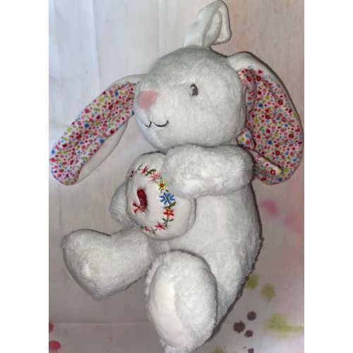 Doudou Musical Lapin Blanc Boite A Musique Peluche Jouet Eveil Bebe Naissance Oiseau Rose & Fleurs Liberty