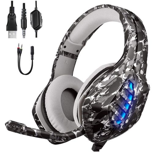 Casque Gamer avec Micro RGB Stéréo Surround pour PS4, Xbox One, PC, Nintendo Switch -Gris Camouflage