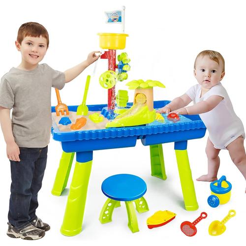 Table D'eau Et Sable Pour Enfants, 2 En 1 Table De Jeu D'eau En Sable Avec Jouet Plage Et Chaise, Bac À Sable Extérieur Jardin Activités Table D'eau Jouets D'été Pour Enfant Garçons Filles