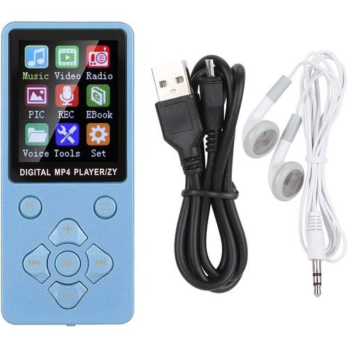 Lecteur MP3 avec Bluetooth, Lecteur de Musique MP3 MP4, Lecteur de Musique Numérique Portable/vidéo/Enregistrement Vocal/Radio FM, Prise en Charge de la Carte Mémoire 32 Go (Blue)