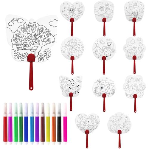 Ensemble D'éventails De Coloriage Pour Enfants, 12 Éventails De Coloriage + 12 Stylos Aquarelle De Couleurs, Éventails De Peinture Vierges Pour Les Fans De Graffiti Bricolage, École Maternelle