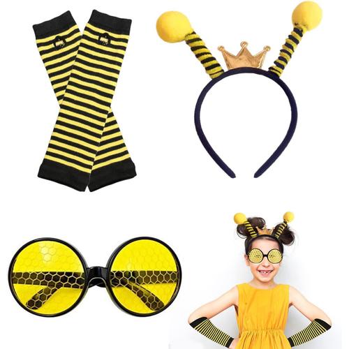Accessoires de costume d'abeille 3 pièces, bandeau d'antenne d'abeille, lunettes soleil d'abeille, couvre-poignet protection bras rayé jaune noir garçons, filles Halloween, fête d'abeille, cosplay