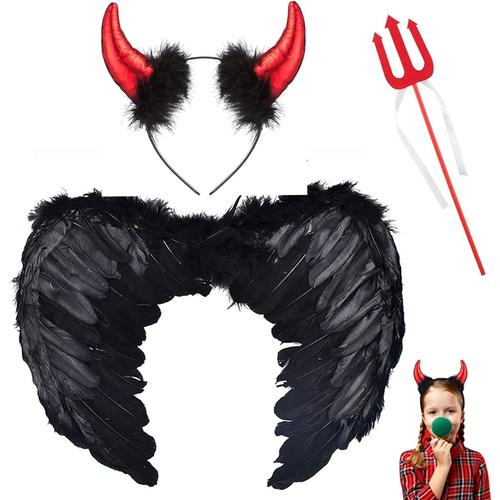 Noir Diable Déguisement,Ailes De Plumes Ange,Costume D'ailes D'ange,Aile De Demon Avec Cornes De Diable Rouge,Ailes D'ange Plumes,Für Halloween Karneval Party Cosplay(B)