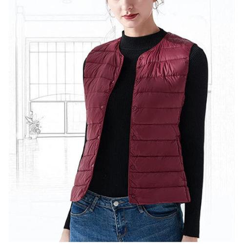 Doudoune Sans Manche Gilet,Gilet En Duvet Pour Femme Col Rond Court Léger Matelassé Bouton Sans Manches Gilet Mince Rembourré Manteau Chauffe-Corps Pour L'automne Hiver Tous Les Jours Marche En P