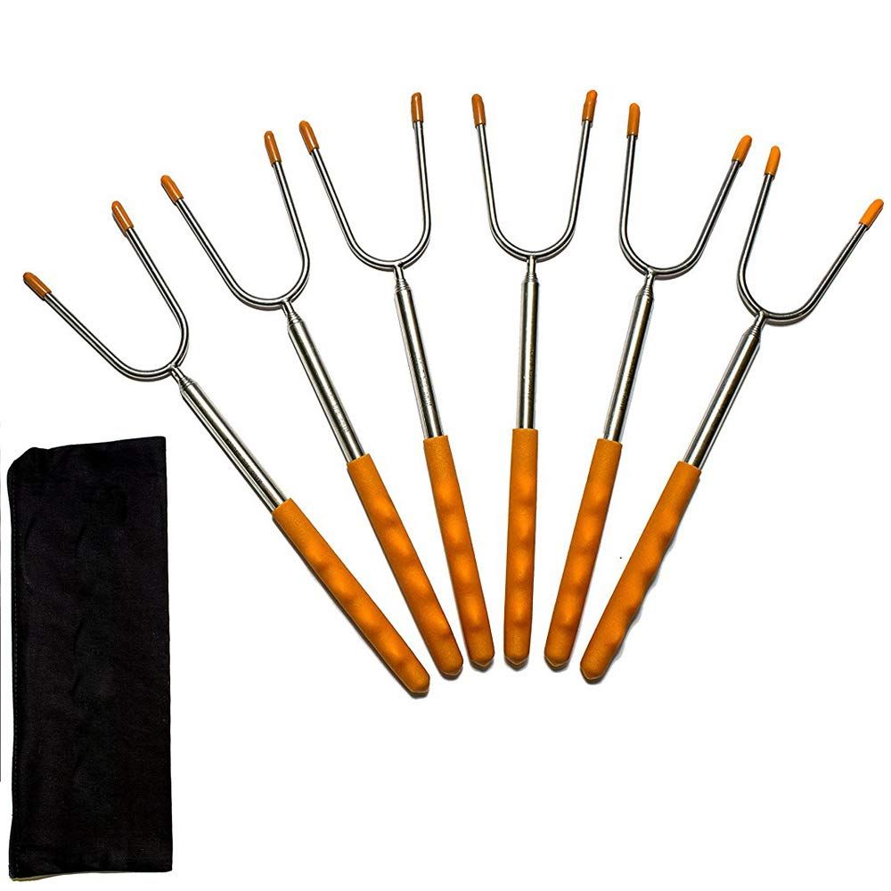 Lot De 6 Bâtonnets Télescopiques À Rôtir Pour Guimauve, Saucisses Pour Hot-Dog, Fourchette En Acier Inoxydable De 27,9 À 114,3 Cm Avec Poche Pour Houblon Pour Un Feu De Camp En Toute Sécurité, Feu De Camp Pour Enfants