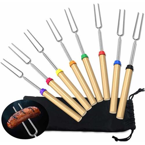 Brochettes De Barbecue Acier Inoxydable, 80 Cm Fourchette De Barbecue Télescopique Manche Bois Extensible Batons À Rtir Pour Bbq Hot Dog Fourches