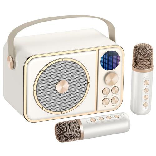 Machine de Karaoké avec 2 Micro sans Fil, Haut-Parleur Bluetooth Portable, Dispose 7 Effets Sonores, pour Fête et Voyage - Blanc