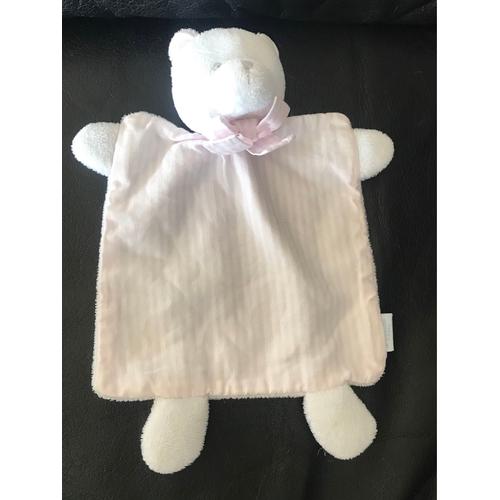 Doudou Ours Plat Blanc Rayé Rose Jacadi 23cm