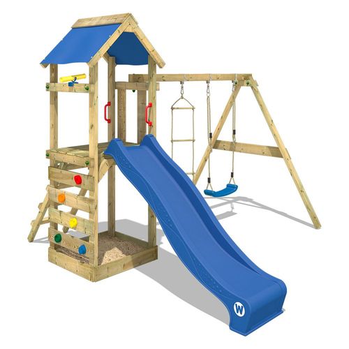 Wickey Aire De Jeux Portique Bois Freeflyer Avec Balançoire Et Toboggan Bleu, Maison Enfant Exterieur Avec Bac À Sable, Échelle D'escalade & Accessoires De Jeux